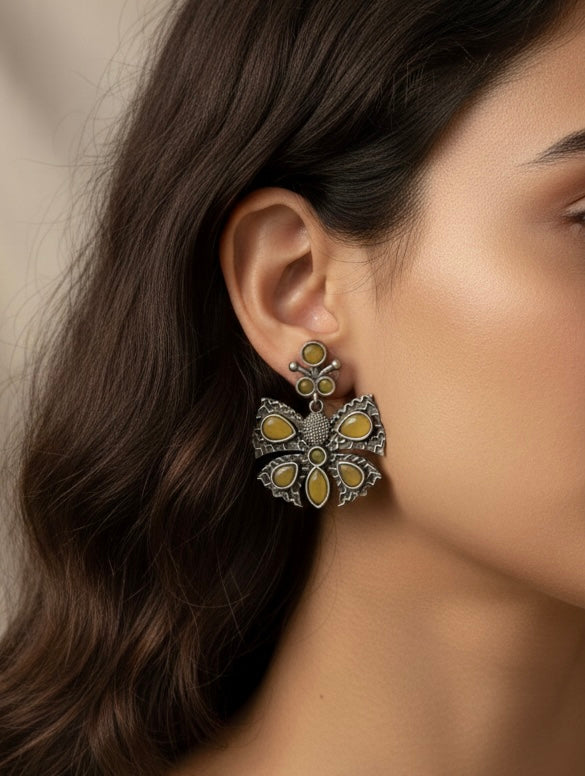 Oxidized Silver Sunburst Butterfly Earrings | Antique Tribal Dangles with Amber Stone Accents