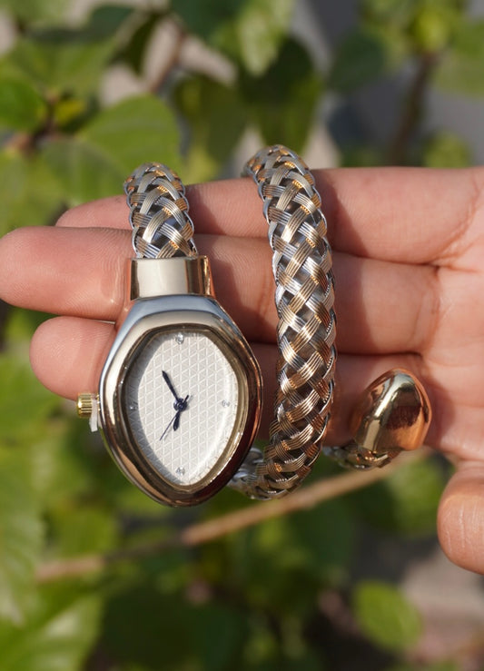 Serpentine Dual Tone Luxe Braided Oval Dial Bracelet Watch