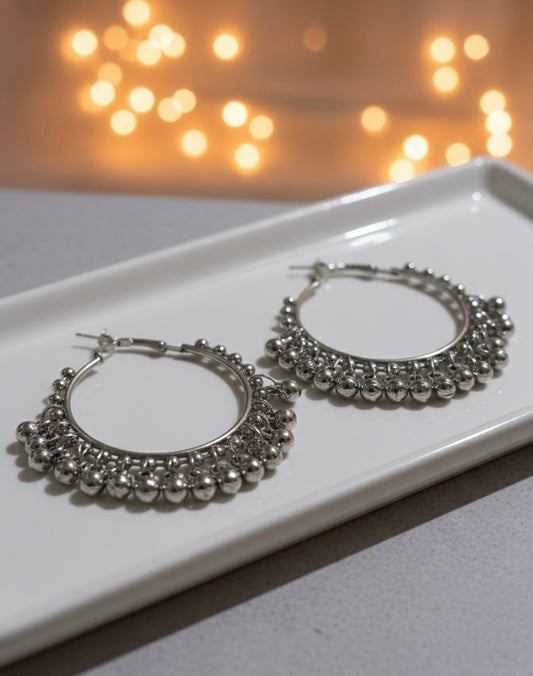 Oxidized Silver Hoop Earrings with Ghungroo Detailing