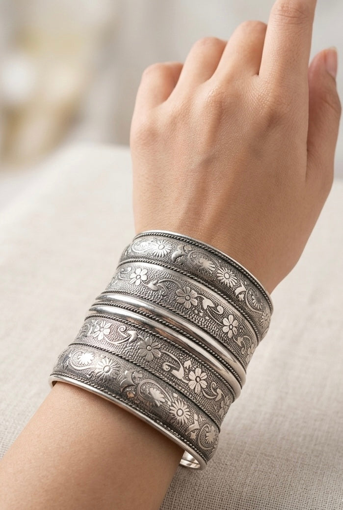 Antique Silver Ornate Etched Tribal Cuff Broad Bracelet
