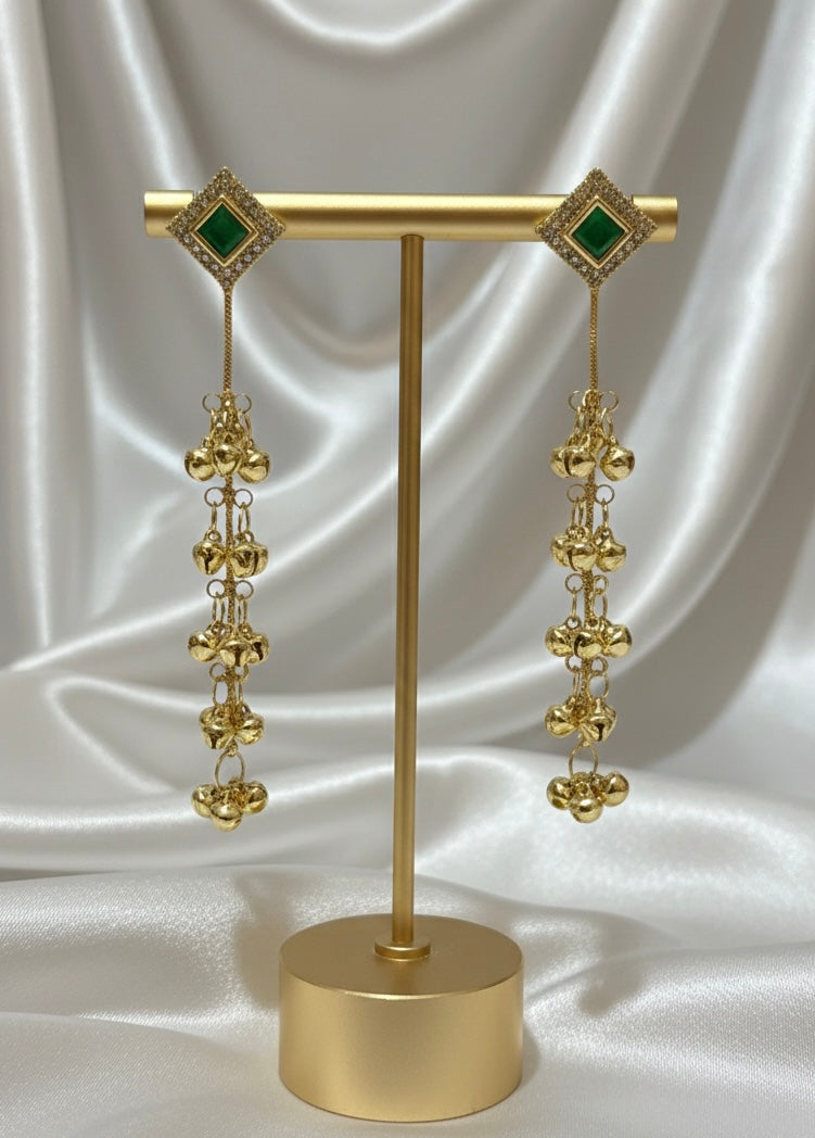 Golden Cascade Kashmiri Drop Earrings with Ghungroo Detailing