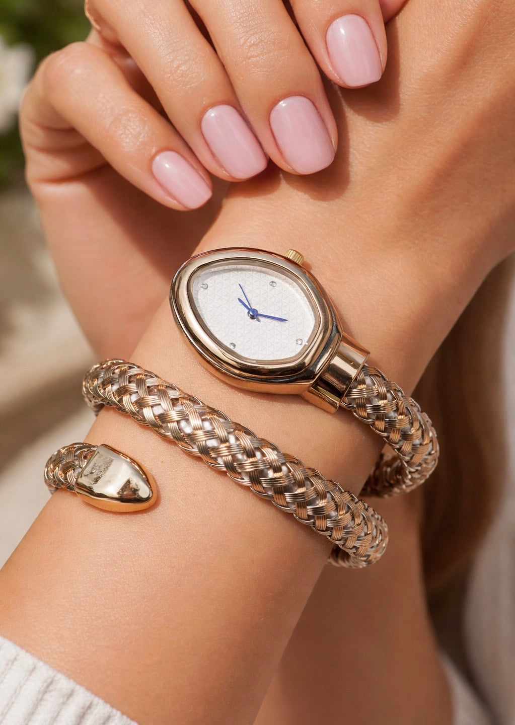Serpentine Dual Tone Luxe Braided Oval Dial Bracelet Watch
