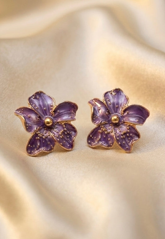 Purple Bloom Enamel Stud Earrings – Elegant Floral Statement Studs
