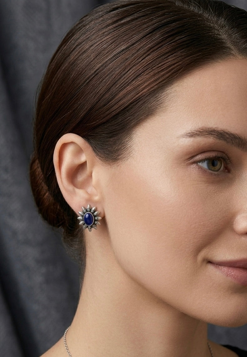 Oxidized Silver Stone Studs | Tribal Sunburst Petite Earrings with Pastel Accents