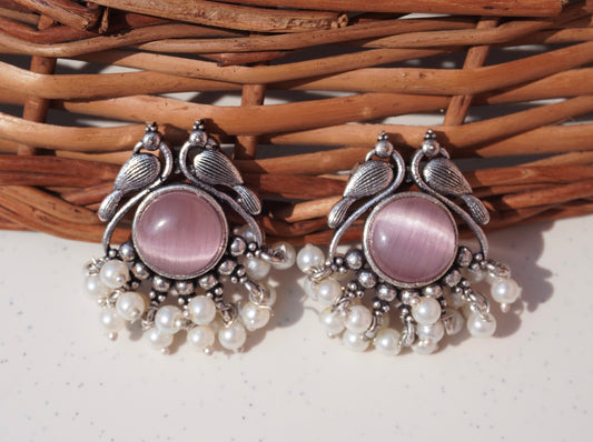 Silver Peacock Design Earrings with Pink Stone & Pearl Drops