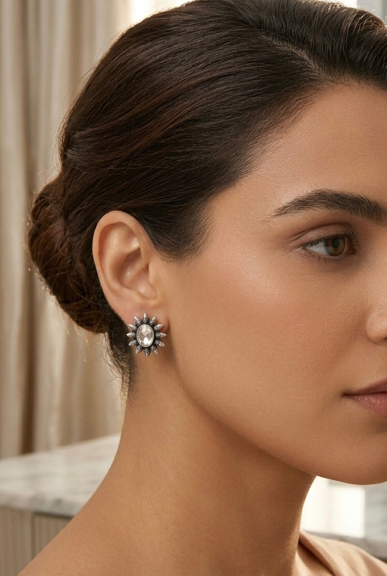 Oxidized Silver Stone Studs | Tribal Sunburst Petite Earrings with Pastel Accents