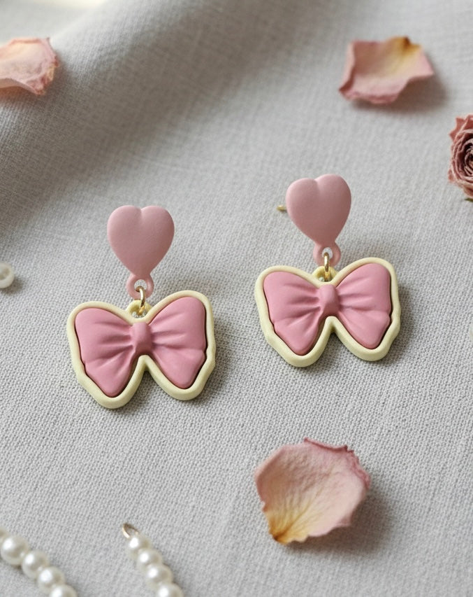 Pink Heart & Bow Drop Earrings – Sweetheart Aesthetic
