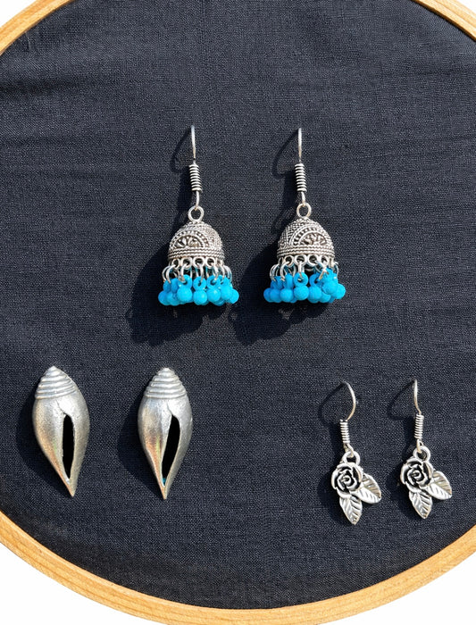 Oceanic Blossom & Boho Jhumka Combo – 3 Pairs of Silver-Tone Ethnic Earrings