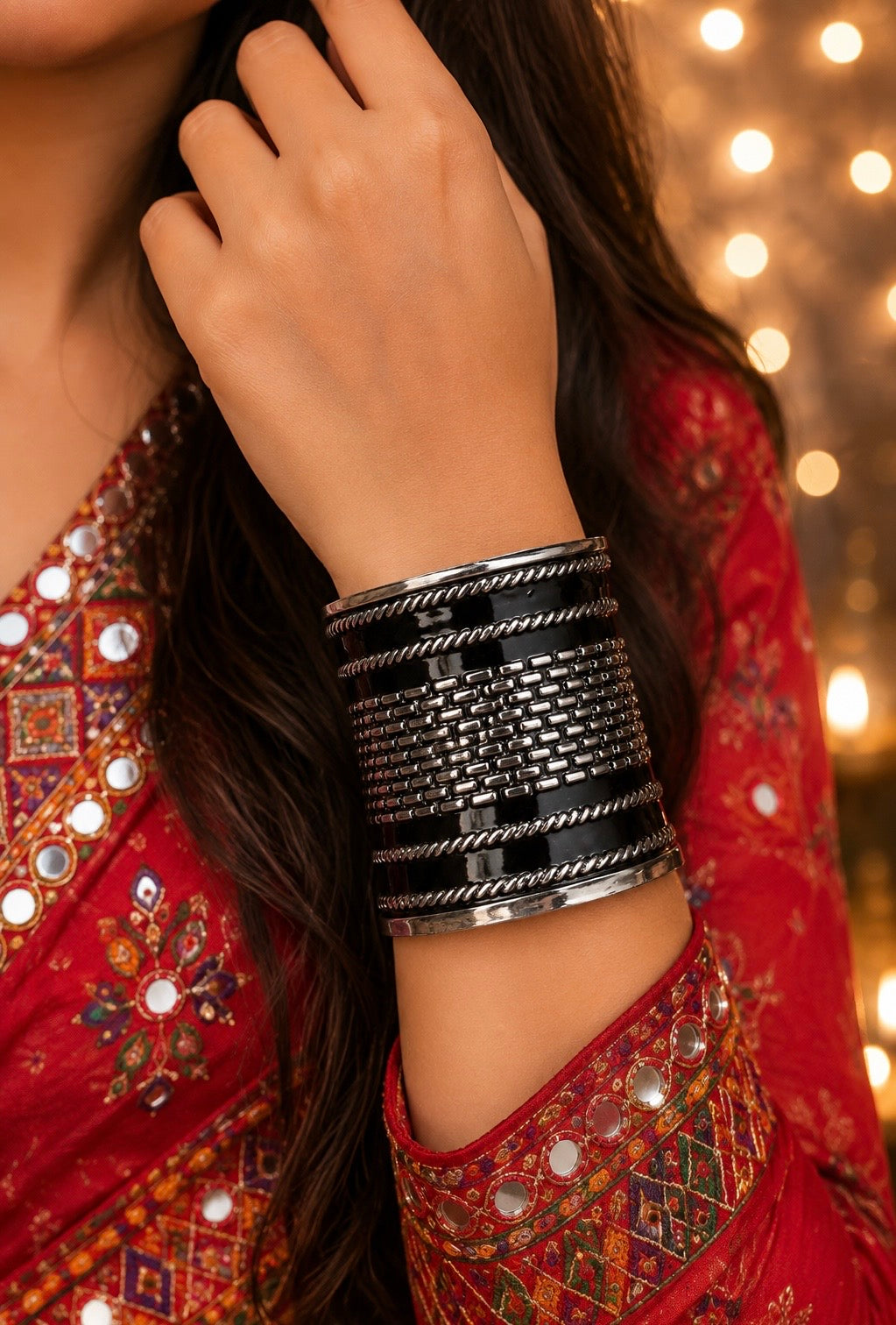 Chunky Silver & Black Enamel Cuff