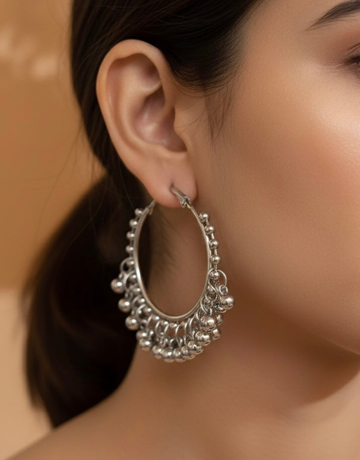 Oxidized Silver Hoop Earrings with Ghungroo Detailing