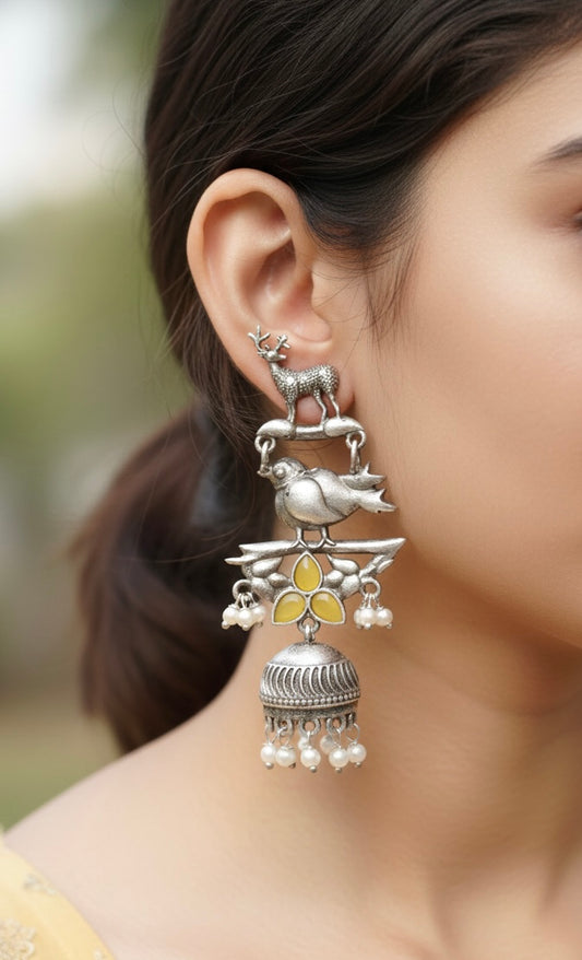 Silver Deer & Bird Motif Oxidised Jhumka Earrings with Pearl Drops