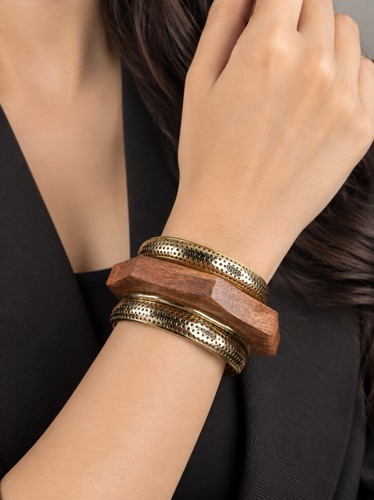Faceted Teak Wood & Perforated Golden Bangle Stack |