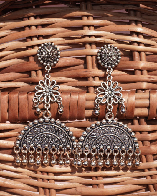 Vintage Oxidised Floral Jhumka Earrings with Beaded Danglers