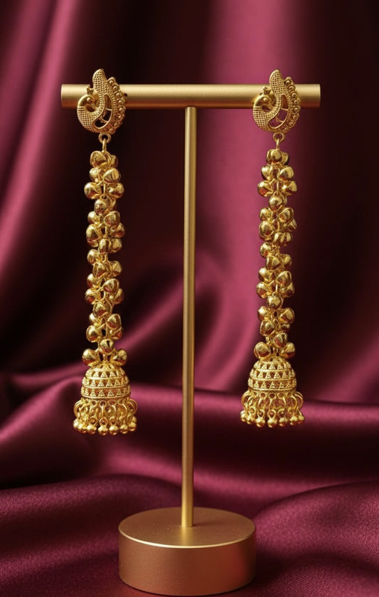 Royal Kashmiri Long Jhumka Earrings with Gold Ghungroo Clusters