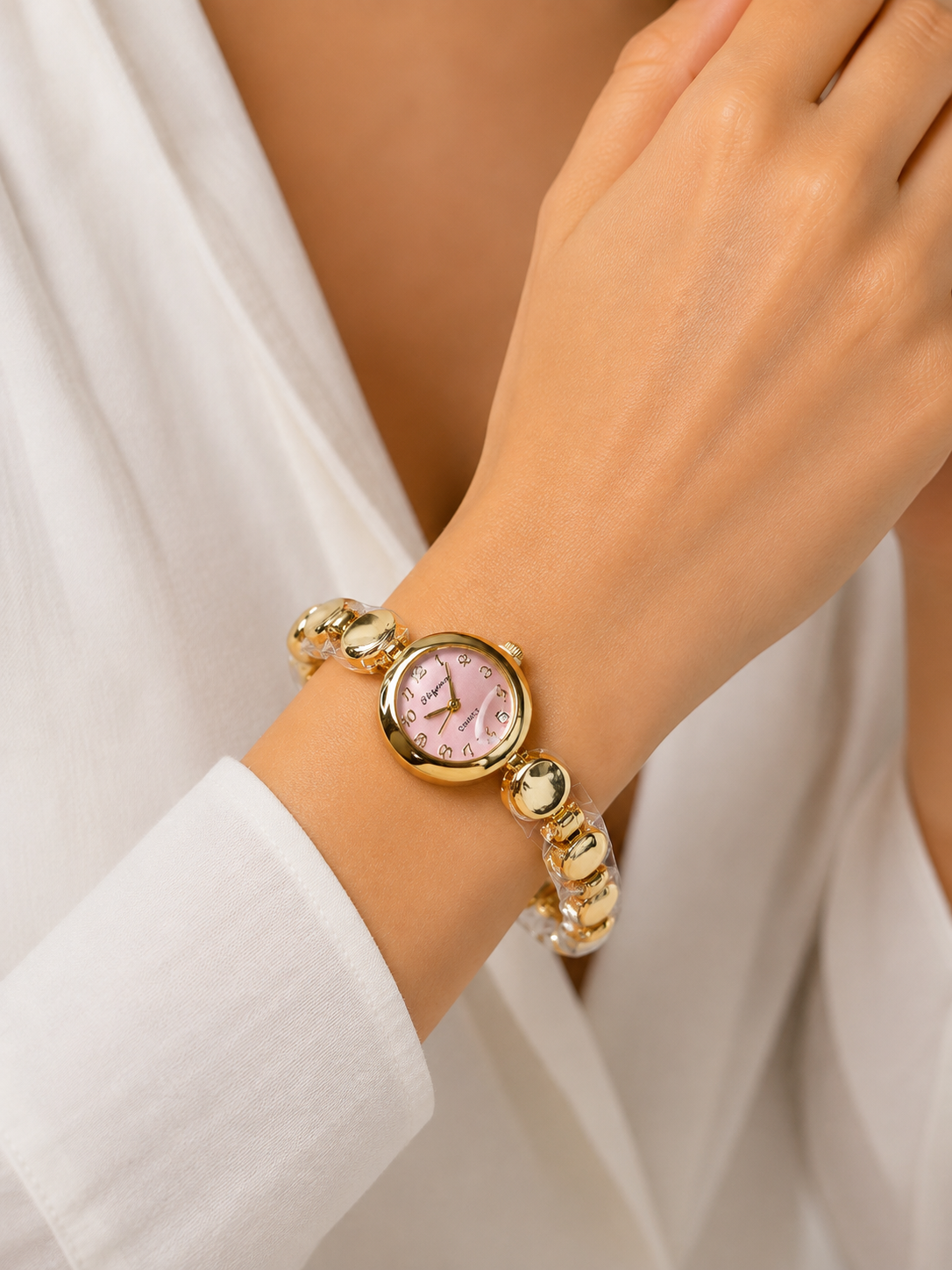Vintage Golden Nugget Bead Bracelet Watch | Dainty Pink Dial Jewelry Timepiece