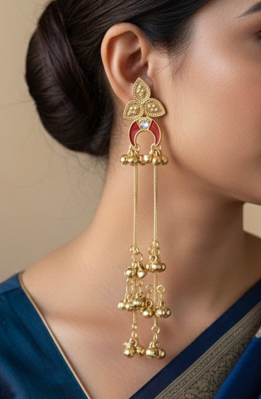 Kashmiri Triple-Drop Lotus Jhumka Earrings – Red Meenakari & Golden Ghungroo Dangler