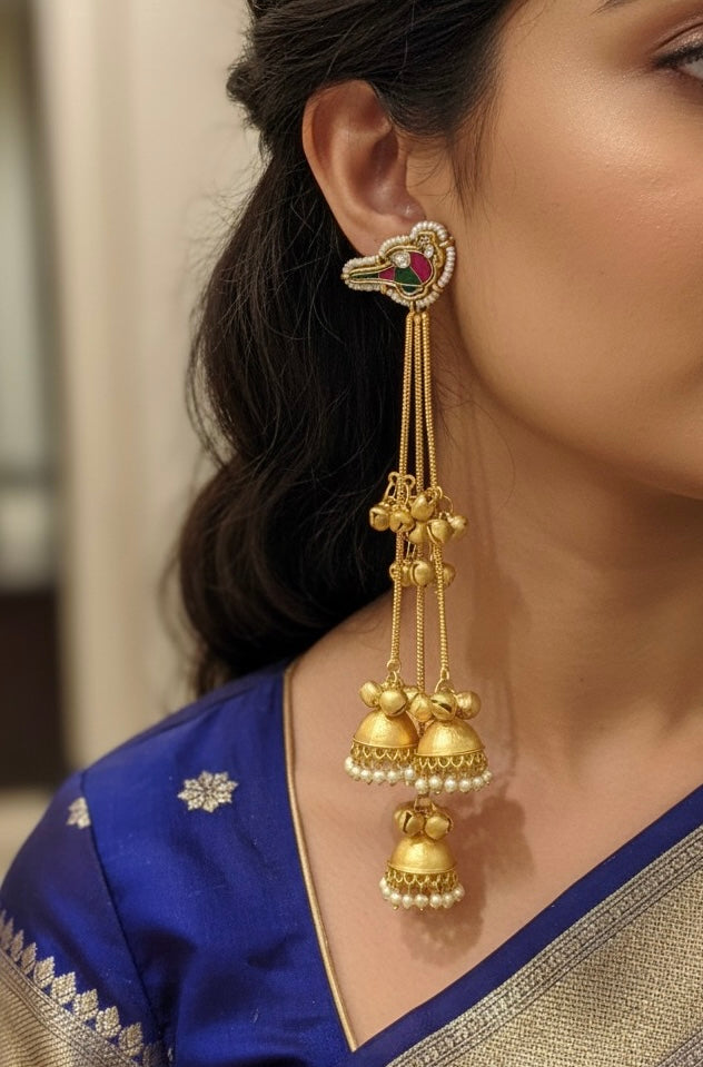 Authentic Bird Motif Triple Layered Kashmiri Jhumka Strings – Luxe Bridal Statement Earrings