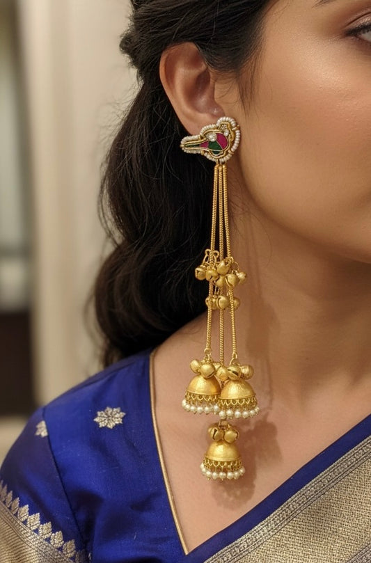 Authentic Bird Motif Triple Layered Kashmiri Jhumka Strings – Luxe Bridal Statement Earrings