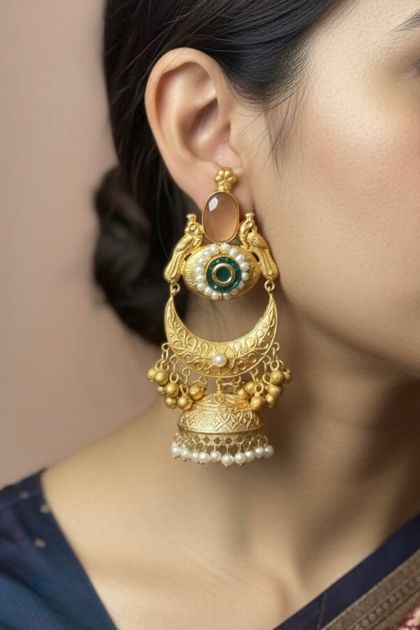 Royal Kashmiri Peacock Motif Blue Stone Jhumka – Handcrafted Statement Earring
