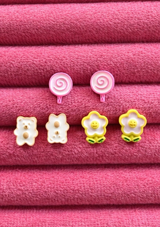 Kawaii Aesthetic Mini Stud Earring Set | Whimsical Candy, Bear, and Smiley Flower Earrings