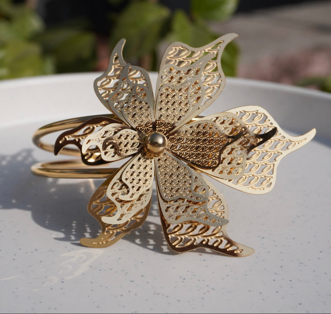 Gilded Orchid Filigree Statement Cuff Bracelet– Intricate Floral Gold
