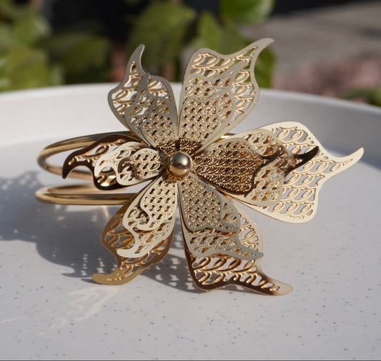 Gilded Orchid Filigree Statement Cuff Bracelet– Intricate Floral Gold