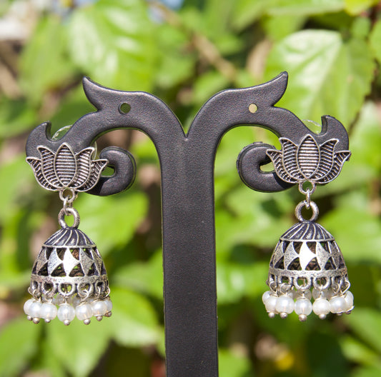 Lotus Design Oxidised Jhumka Earrings