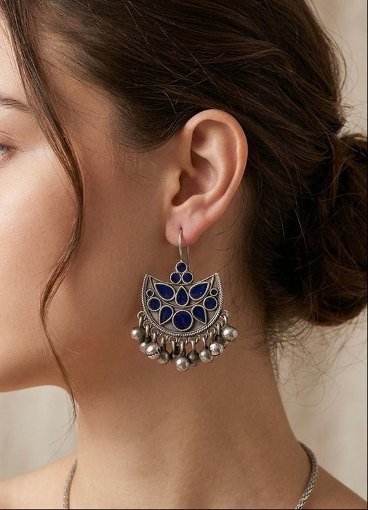 Boho Crescent Oxidized Jhumkas – Tribal-Inspired Silver Bell Earrings with Midnight Blue Inlay