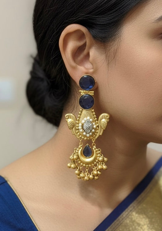 Royal Kashmiri Peacock Motif Blue Stone Jhumka – Handcrafted Statement Earring