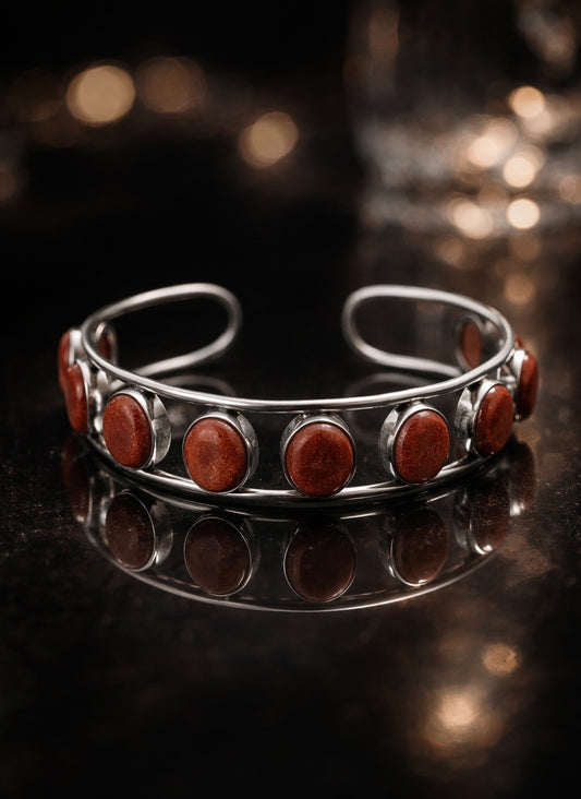 Artisan Silver Cuff with Oval Sandstone Cabochons | Boho Multi-Stone Statement Bracelet