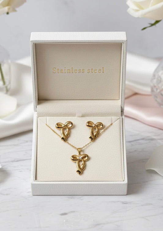 Elegant Bow Design Gold Necklace & Earring Set