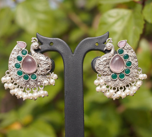 Peacock Motif Oxidised Silver Jhumka Earrings with Pearl Detailing