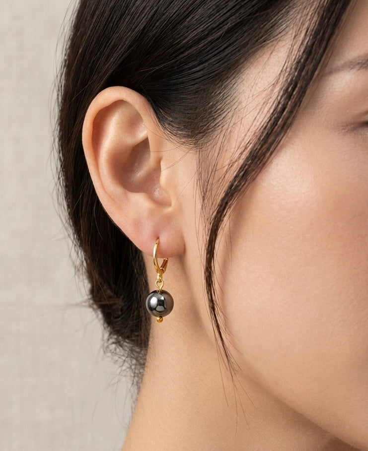 Pyrite Sphere Earrings | Minimalist Dangle Leverback Hoops