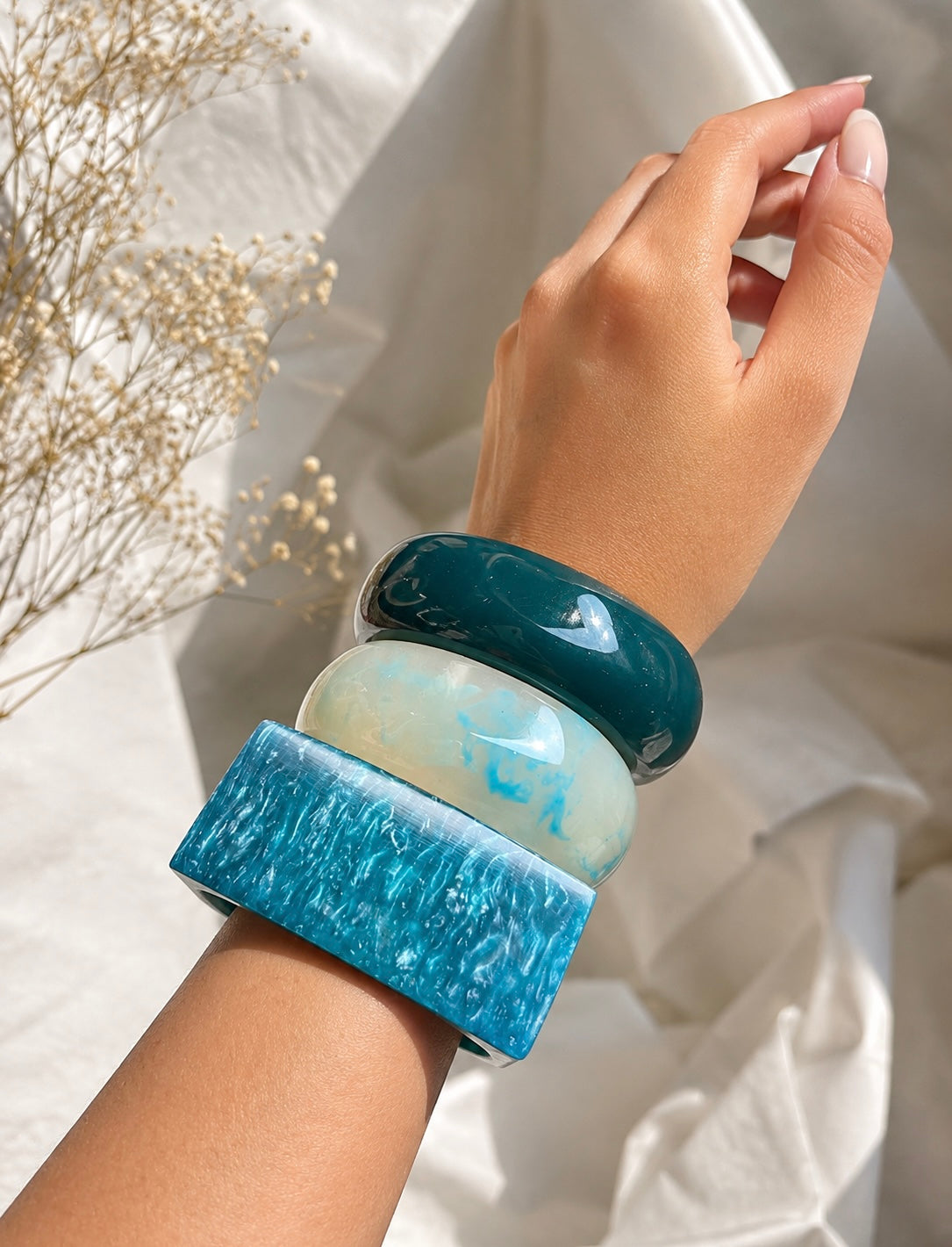 Oceanic Marble Resin Bangle Stack | Geometric Turquoise, Seafoam & Deep Teal Cuff Set (Set of 3)