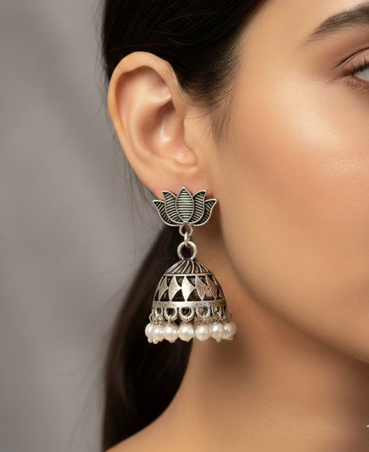 Lotus Design Oxidised Jhumka Earrings