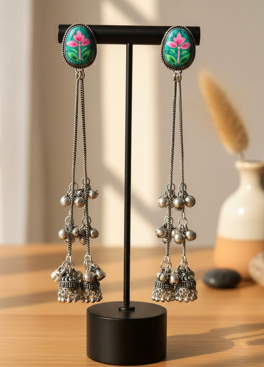 Meenakari Floral Long Drop Earrings – Oxidized Silver Jhumka Tassels
