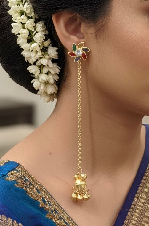 Multicolor Floral Top Kashmiri Chain Earrings – Traditional Lightweight Jhumki Design