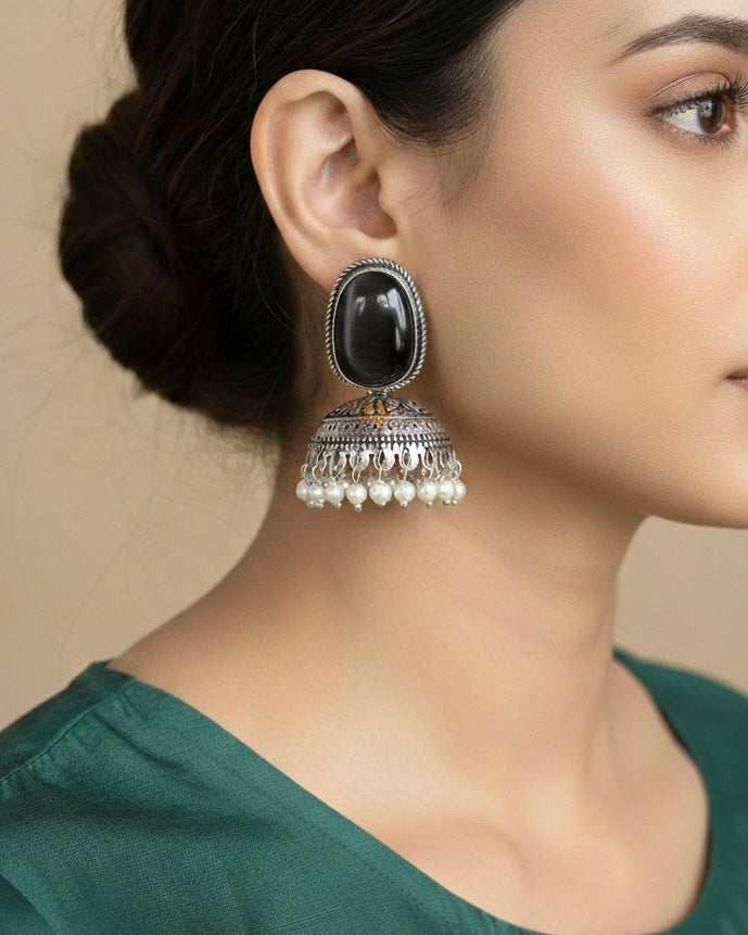Oxidized Silver Onyx-Style Jhumka Earrings | Traditional Pearl Droplet Dangles