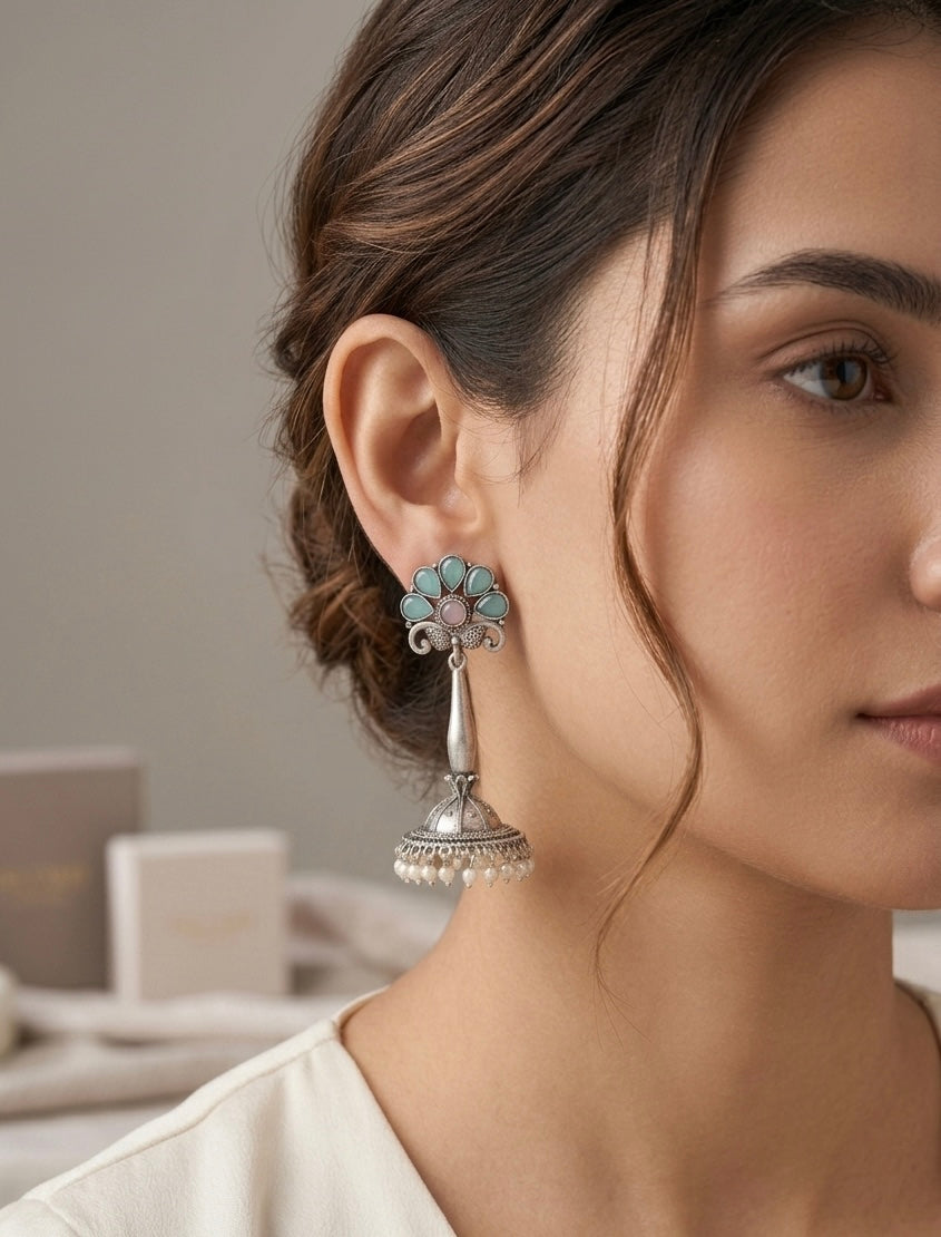 Seafoam Floral Oxidized Jhumkas – Antique Silver Long Drop Earrings with Pastel Stone Inlays