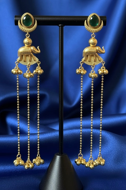 Royal Kashmiri Elephant Long Dangler Earrings – Antique Gold Finish