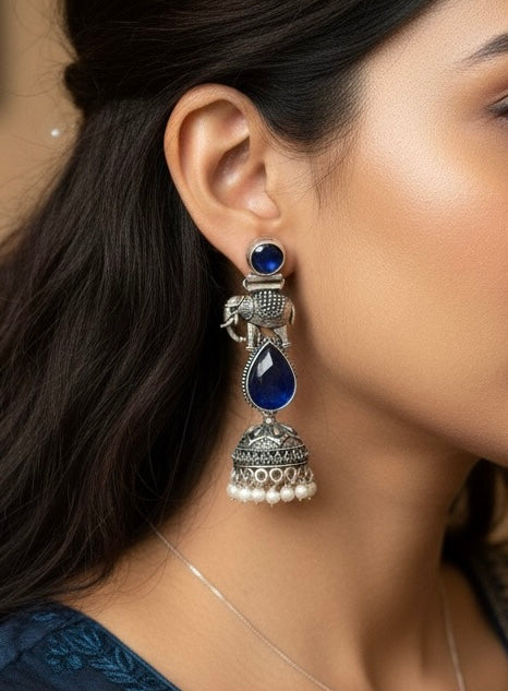 Elephant Motif Traditional Oxidized Silver Blue Stone Jhumka Earrings with Pearl Drops