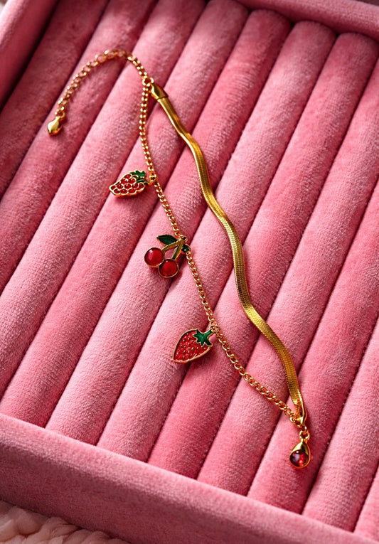 Sweet Summer Berry Layered Bracelet – Gold Herringbone & Charm Chain