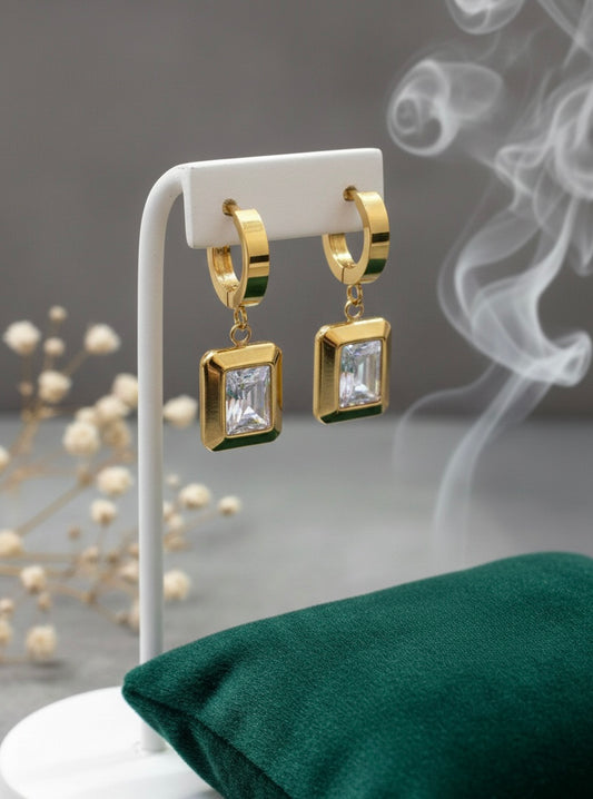 Elara Crystal Gold Hoops – Sophisticated Rectangular Drops