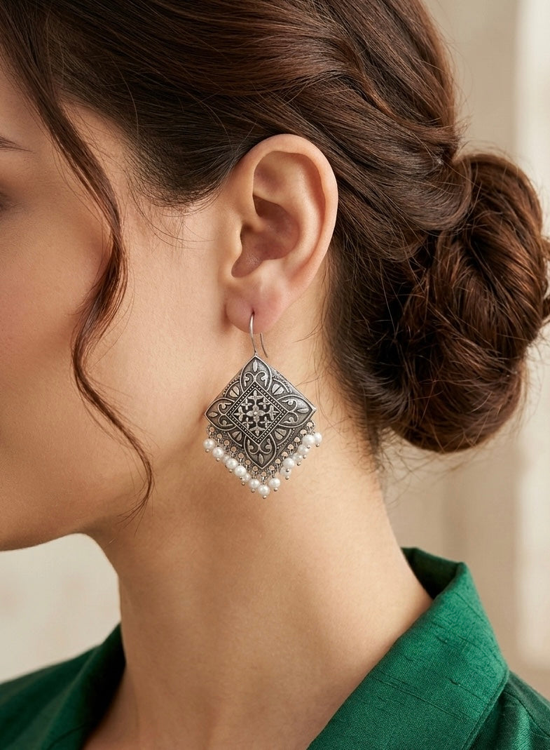 Antique Silver Filigree Rhombus Earrings | Oxidized Diamond-Shape Drops with Pearl Fringe