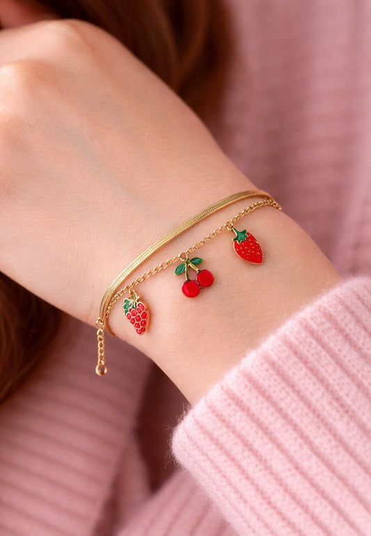 Sweet Summer Berry Layered Bracelet – Gold Herringbone & Charm Chain
