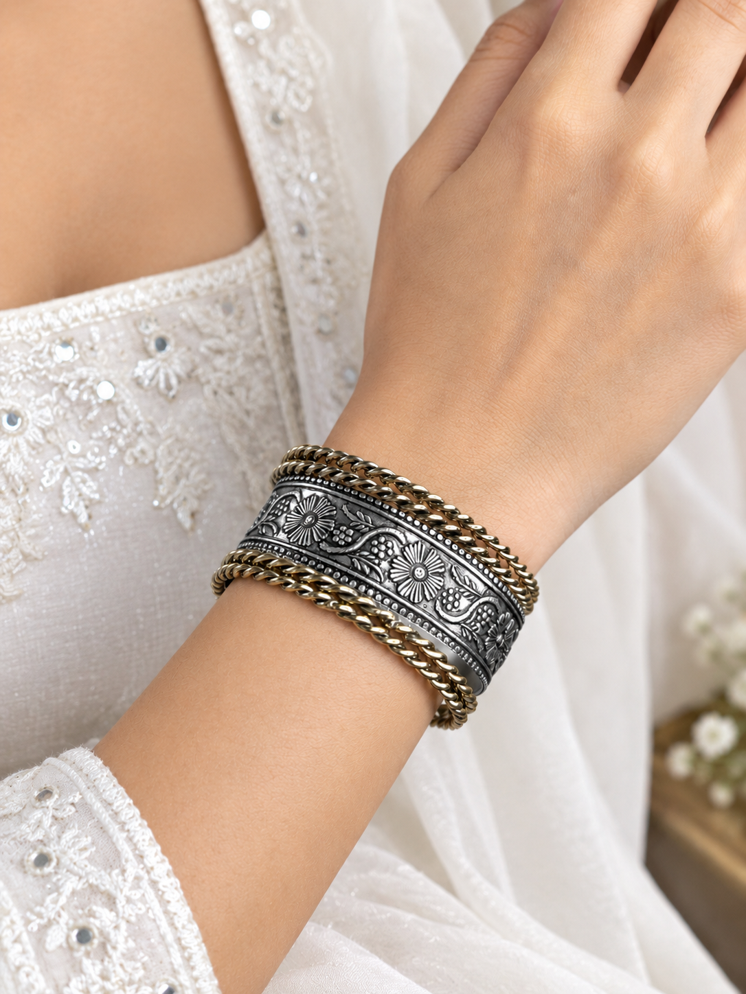 Dual-Tone Floral Filigree Cuff | Oxidized Silver & Twisted golden Bracelet