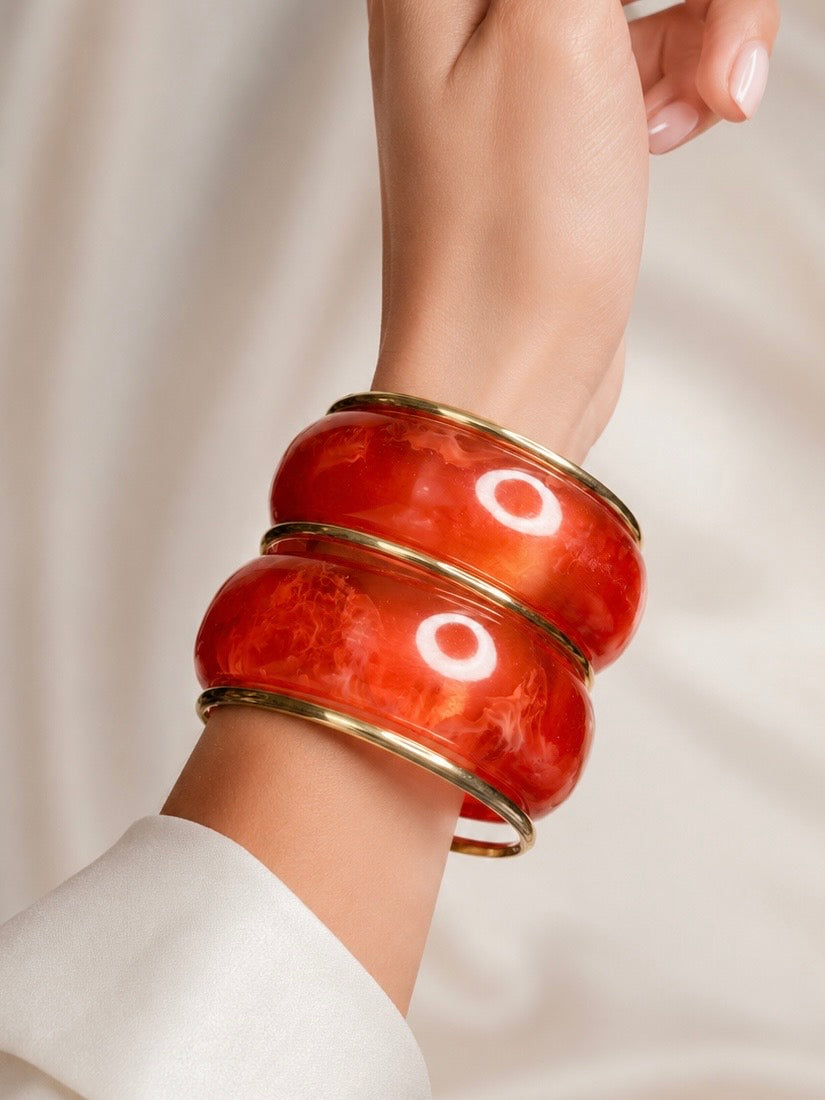 Carnelian Glow Chunky Resin Bangle Set | Marbled Amber-Red & Gold-Trim Cuffs (Set of 2)