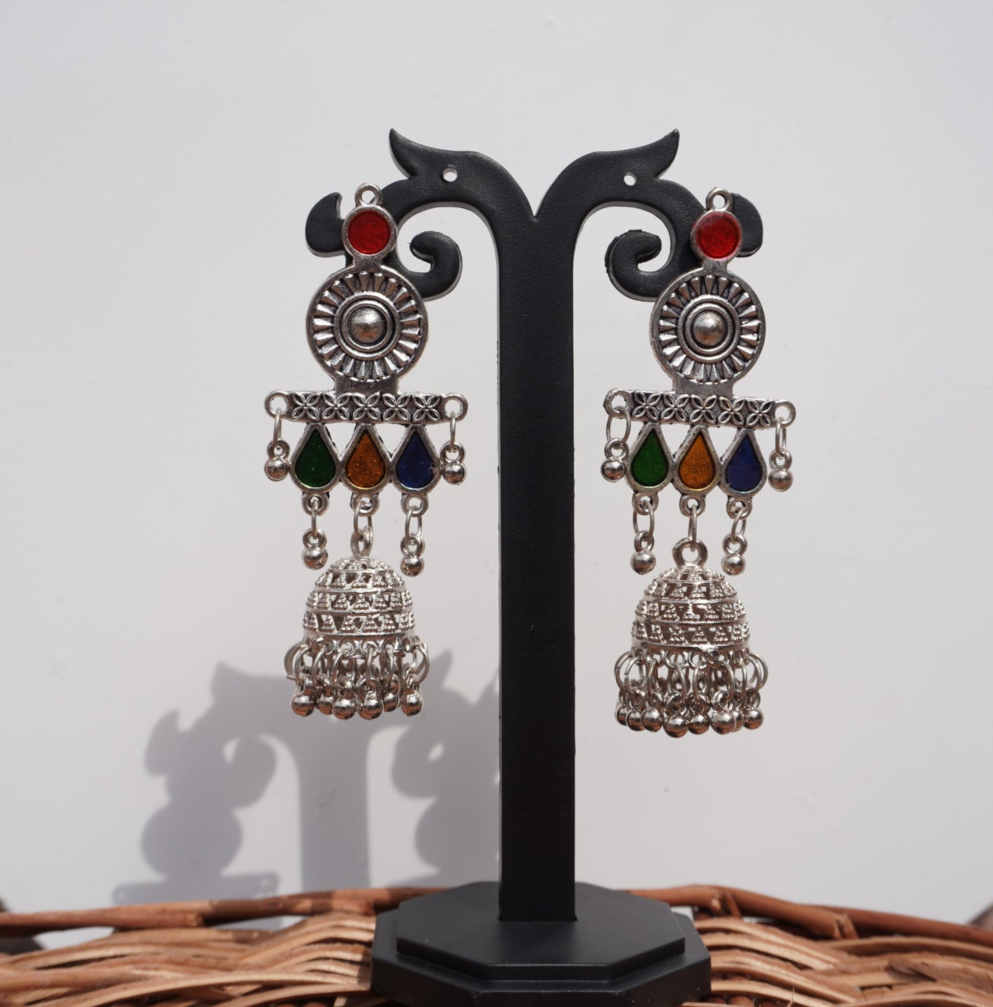 Oxidized Silver Multi-Color Stone Jhumka Earrings