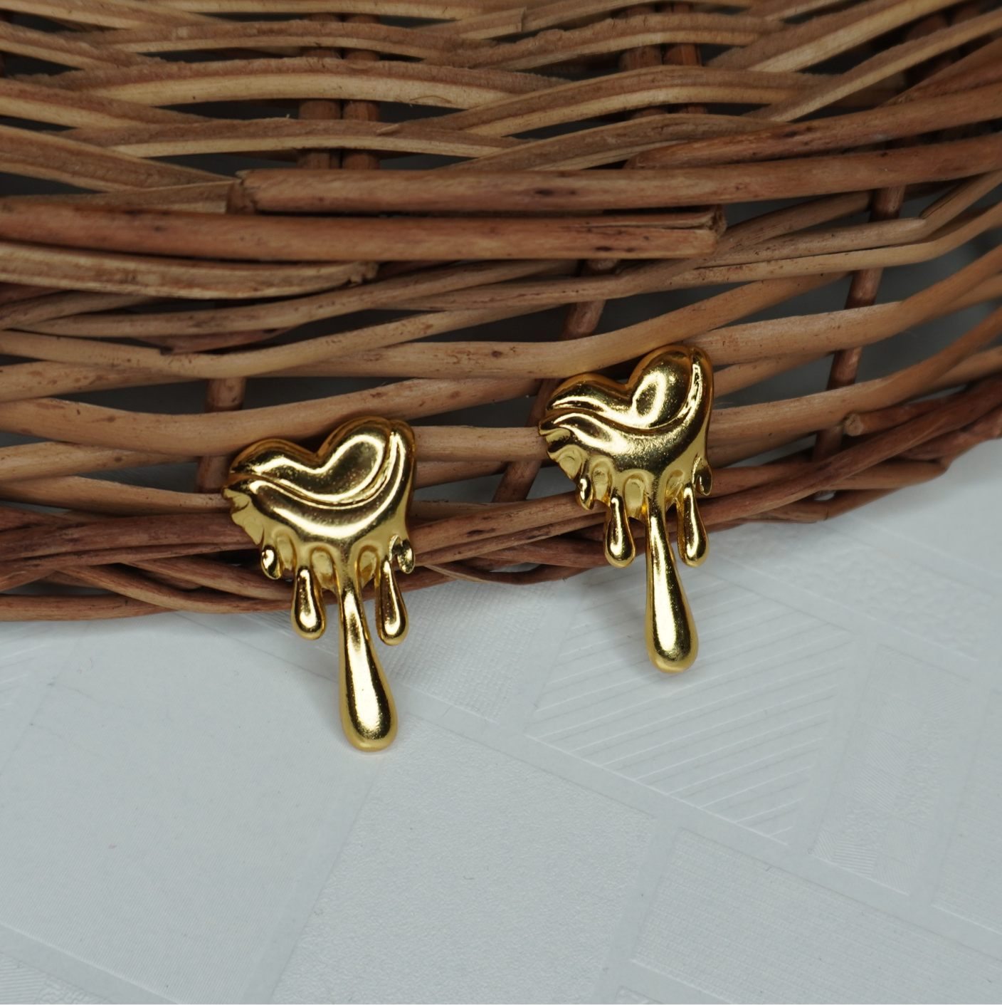 Melted Heart Gold Stud Earrings – Bold & Artistic Design