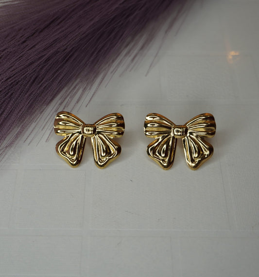 Anti Tarnish Golden Gift Bow Earrings